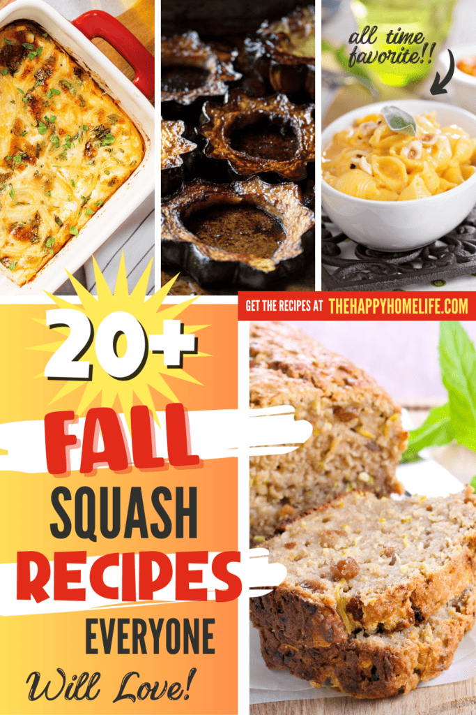 A pinterest image of different fall squash recipes, with the text - 20+ Fall Squash Recipes Everyone Will Love. The site's link is also included in the image.