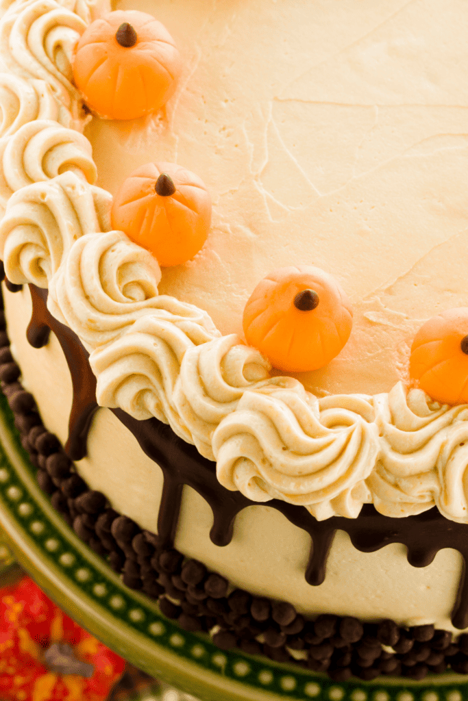 Chocolate pumpkin cake with caramel buttercream icing.