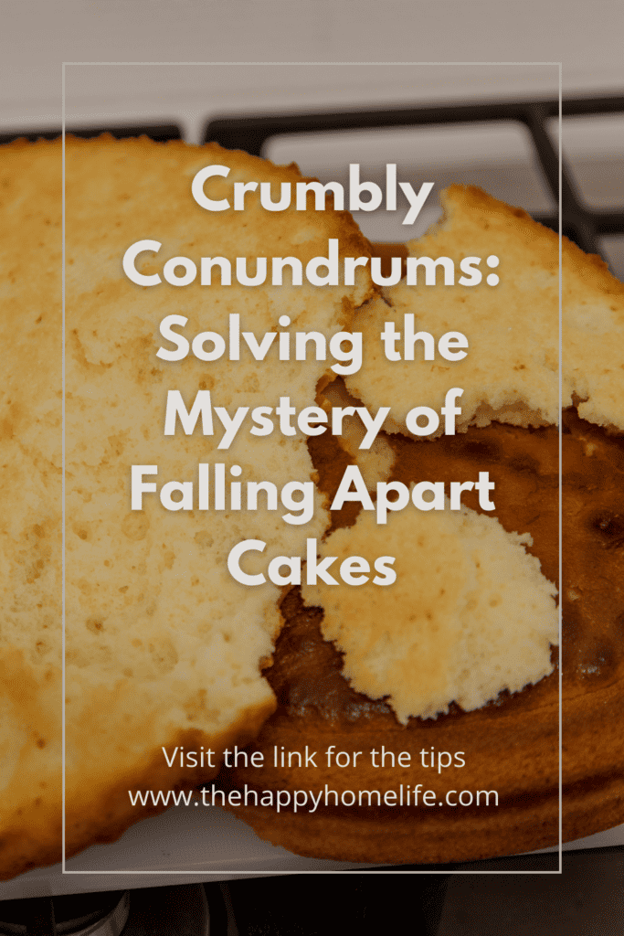 homemade cake falling apart with text: Crumbly Conundrums: Solving the Mystery of Falling Apart Cakes