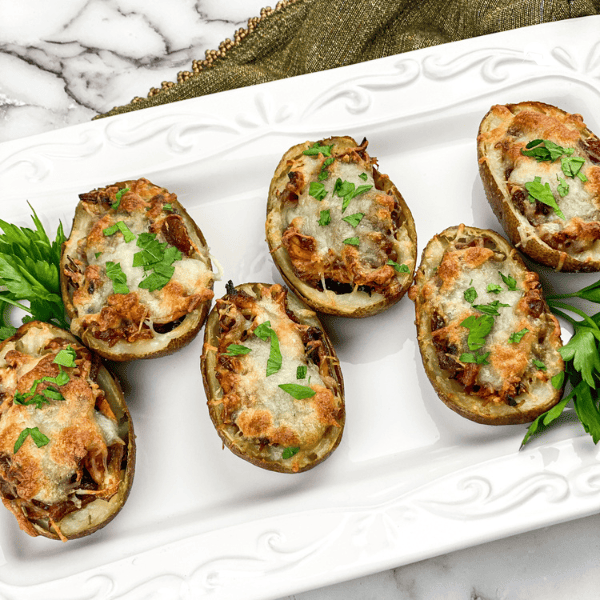 Baked Potato Skins – BBQ Chicken & Caramelized Onions