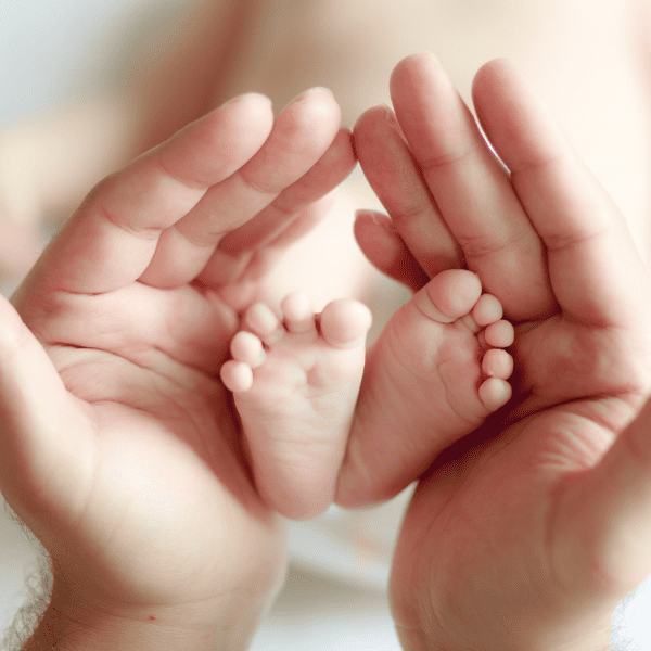 Newborn feet between mom's hands.