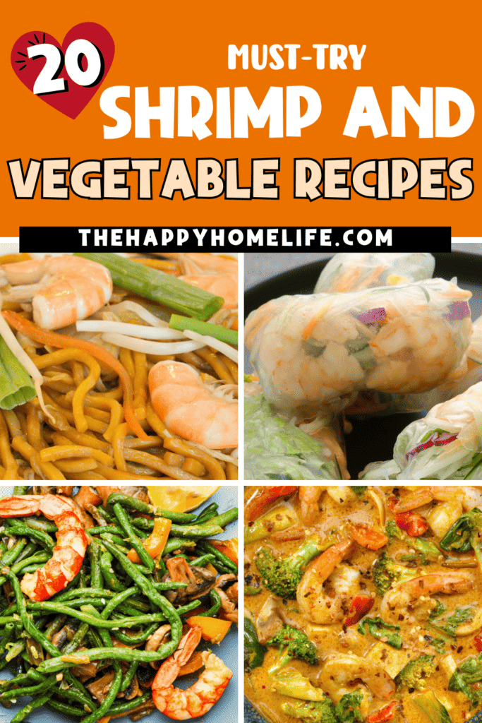 A collage image of shrimp and vegetable recipes with text"Shrimp and Vegetable Recipes"