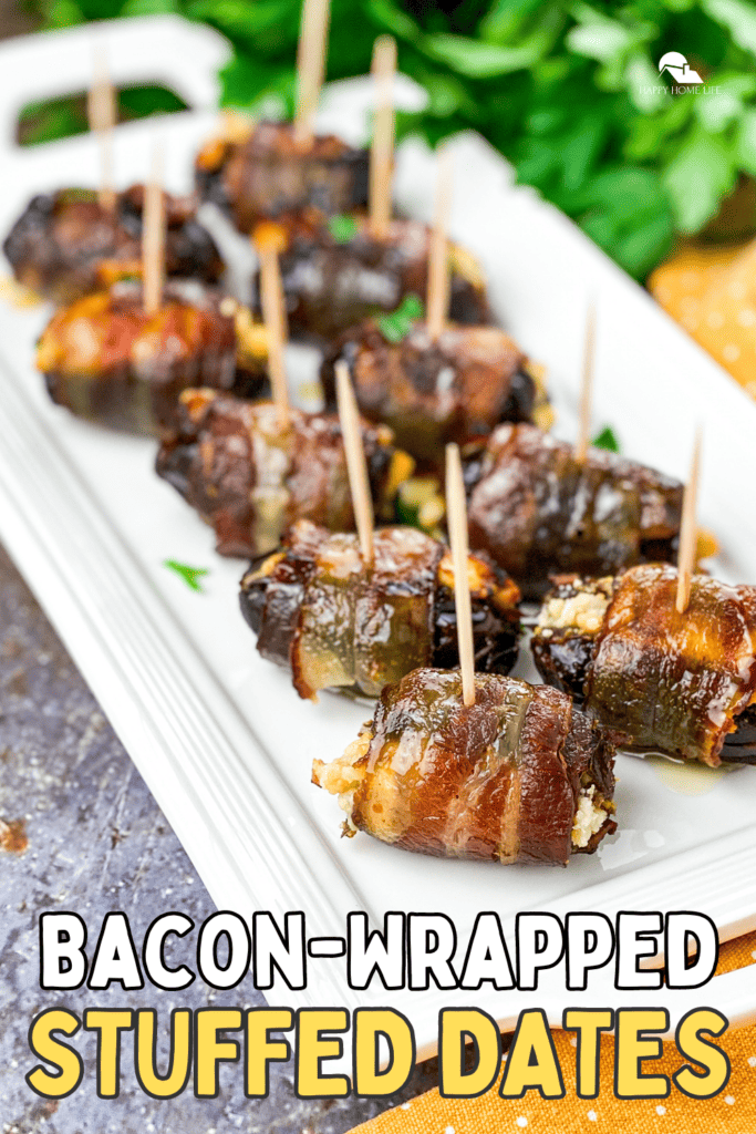 a pin-sized image of Bacon Wrapped Stuffed Dates in a white plate with text below