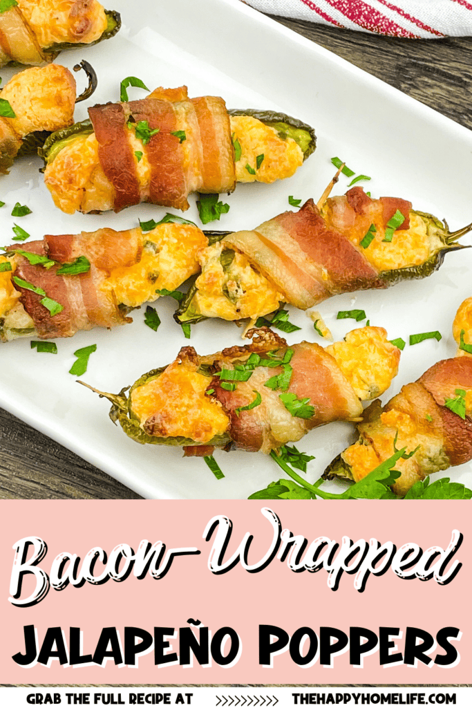 a close up image of Bacon Wrapped Jalapeno Poppers with text below