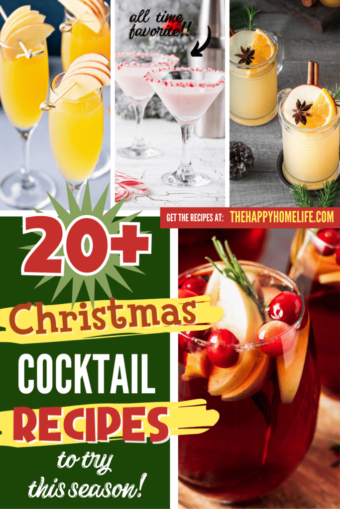 A pinterest image of different cocktails, with the text - 20+ Christmas Cocktail Recipes to try this season. The site's link is also included in the image.