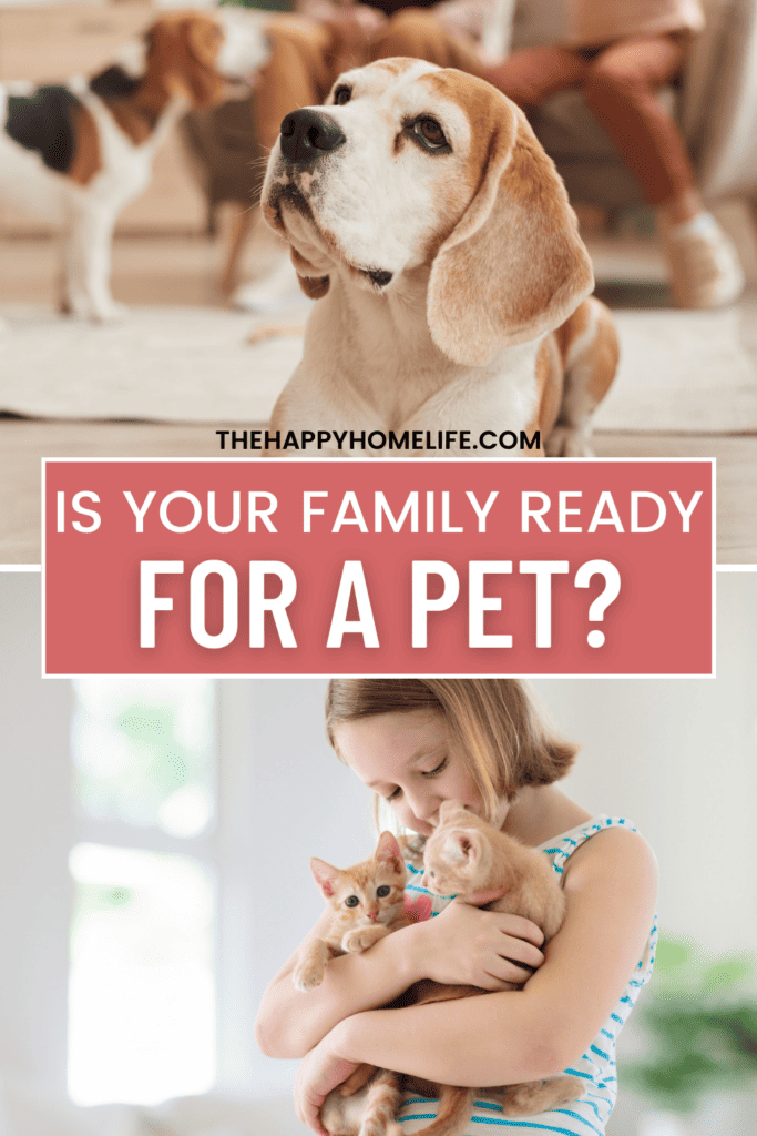 a collage image of a dog and a girl holding kittens with text: "Is Your Family Ready for a Pet" in the middle