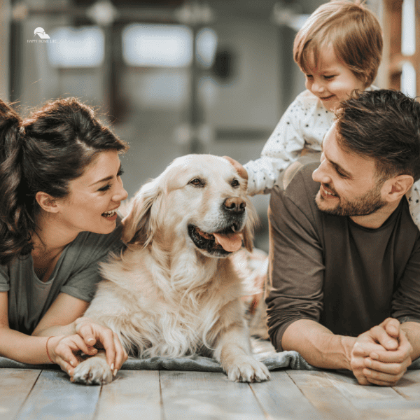 family petting a dog