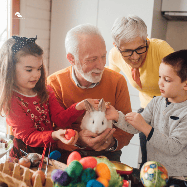 family petting white rabbit