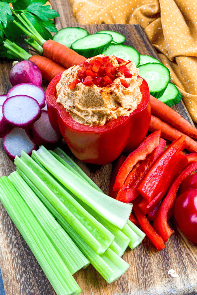 an image of Roasted Red Pepper Hummus in a pin size