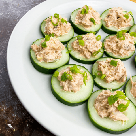 Spicy Tuna Cucumber Bites in a white plate