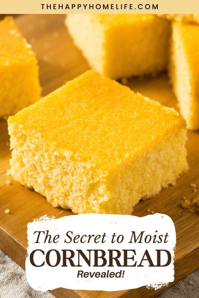 an image of cornbread in a wooden plate with text" the secret to moist cornbread revealed" below