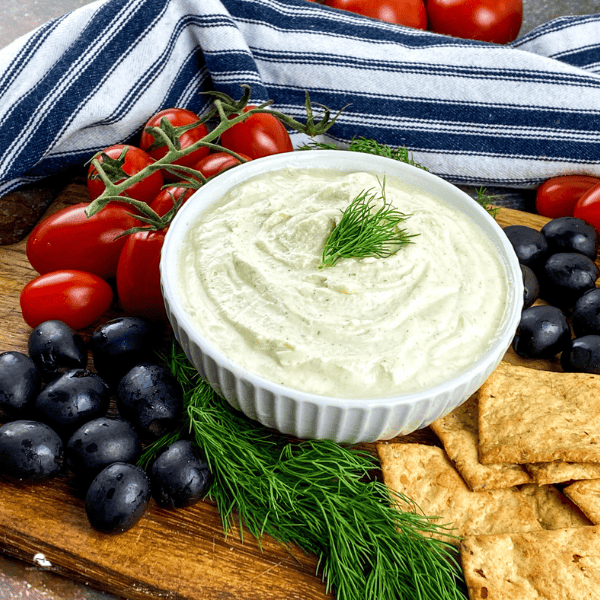 a square iimage of Whipped Feta Dip with Black Olives and Cherry Tomatoes