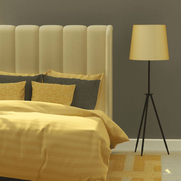 A yellow themed bedroom
