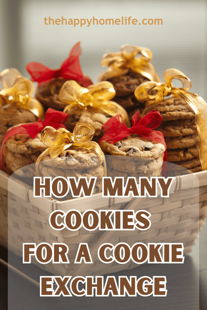 A pinterest image of bags of cookies in a basket, with the text - How Many Cookies in a Cookie Exchange. The site's link is also included in the image.