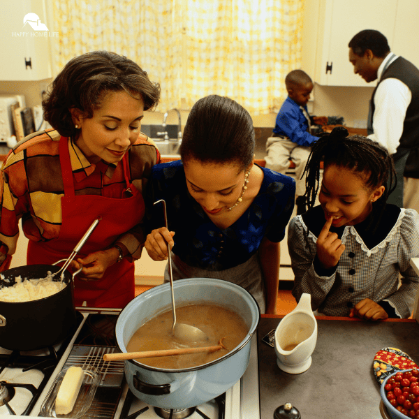 An image of a family preparing gravy for a Thanksgiving dinner.