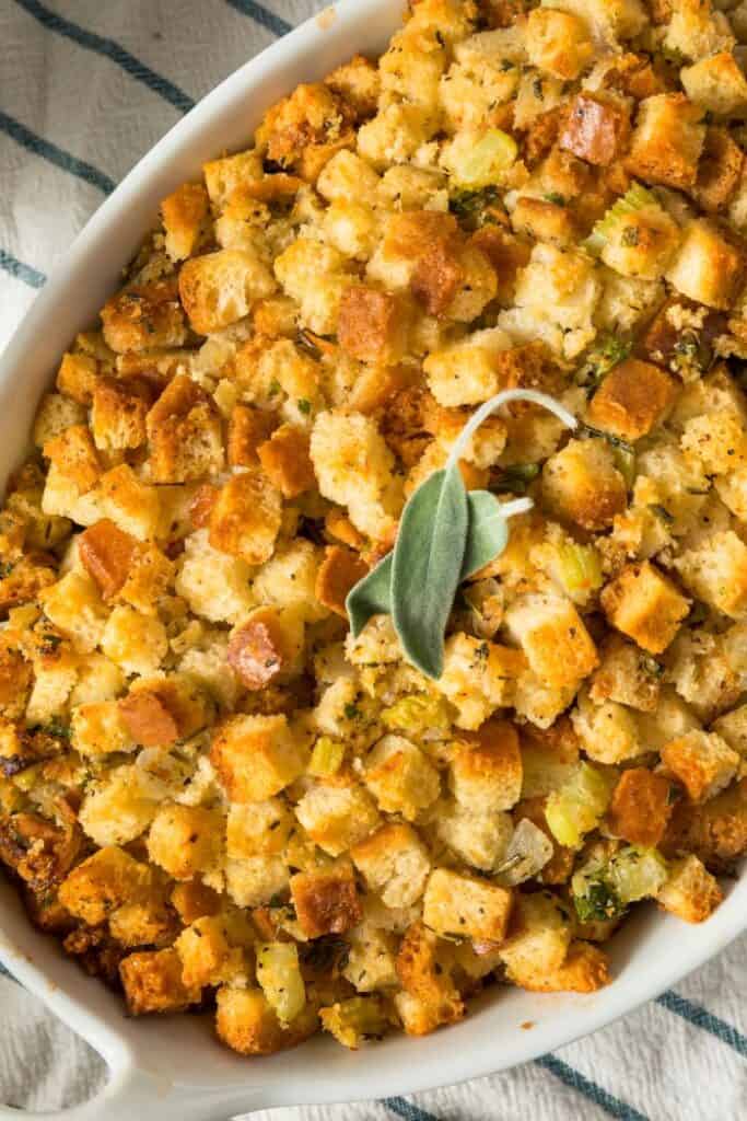 close up of homemade cornbread stuffing for Thanksgiving