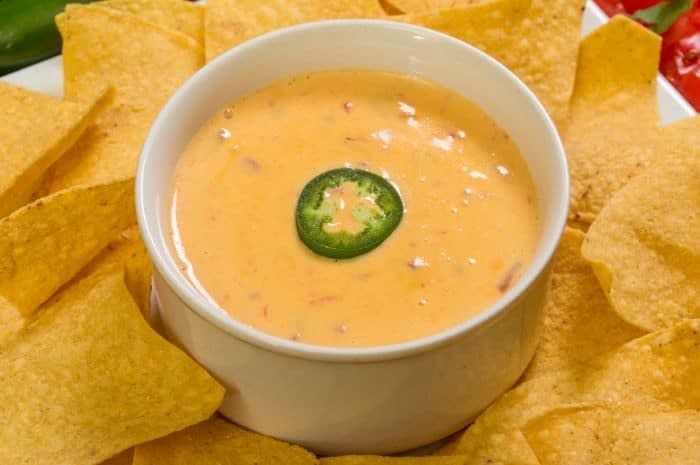 queso in white bowl surrounded by tortilla chips