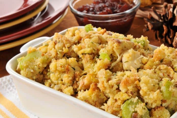 stuffing in a white baking dish