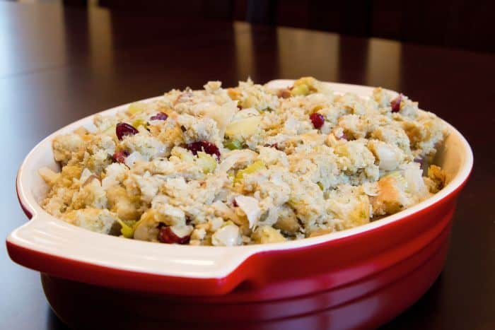 stuffing in a baking dish