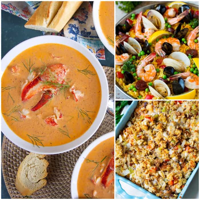 collage of 3 seafood dishes for thanksgiving