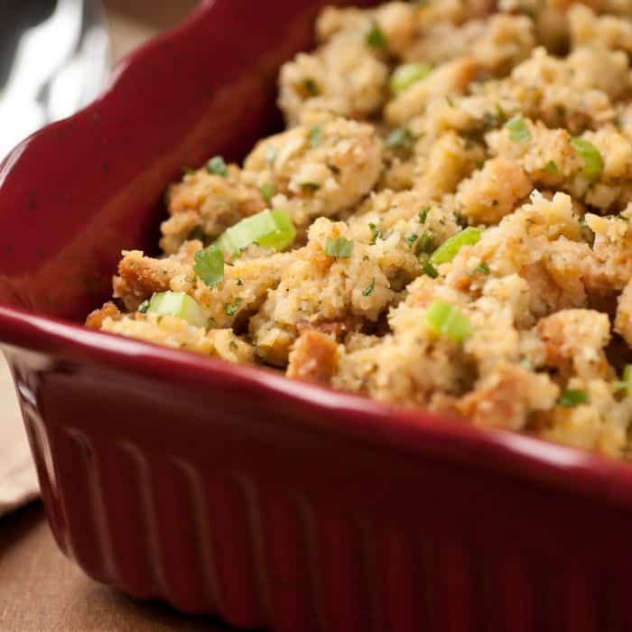 thanksgiving stuffing in a red baking dish