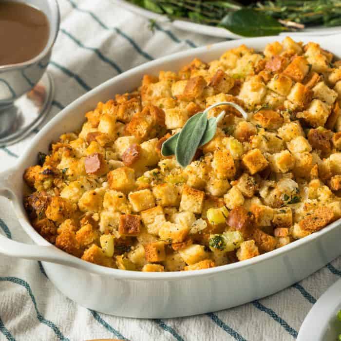 white baking dish with homemade stuffing