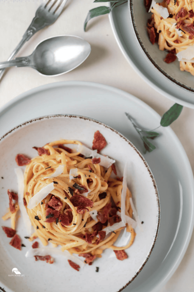 Vertical sized overview image of Browned Butter, Pumpkin, and Bacon Linguine