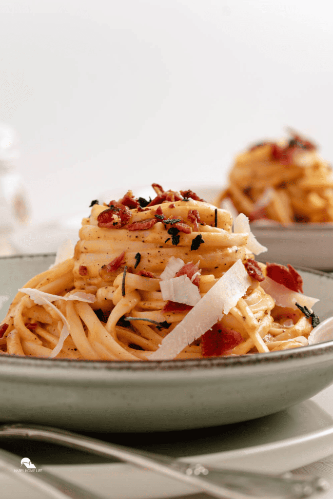 vertical side view of Browned Butter, Pumpkin, and Bacon Linguine