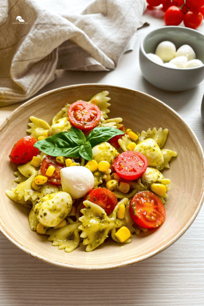 side view image of Caprese Bowtie Pasta Salad