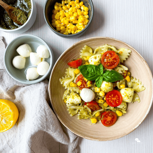 overview square image of Caprese Bowtie Pasta Salad