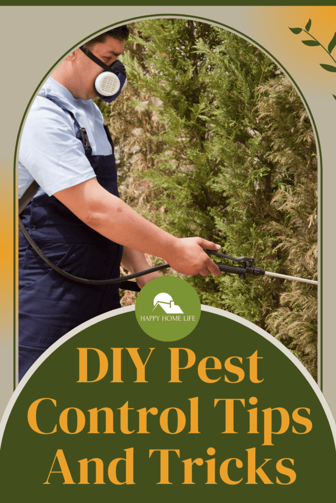 gardener is spraying with text: "DIY Pest Control Tips And Tricks"