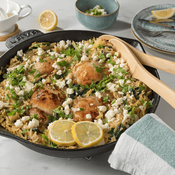 Lemony Spinach Orzo with Feta Topped Chicken