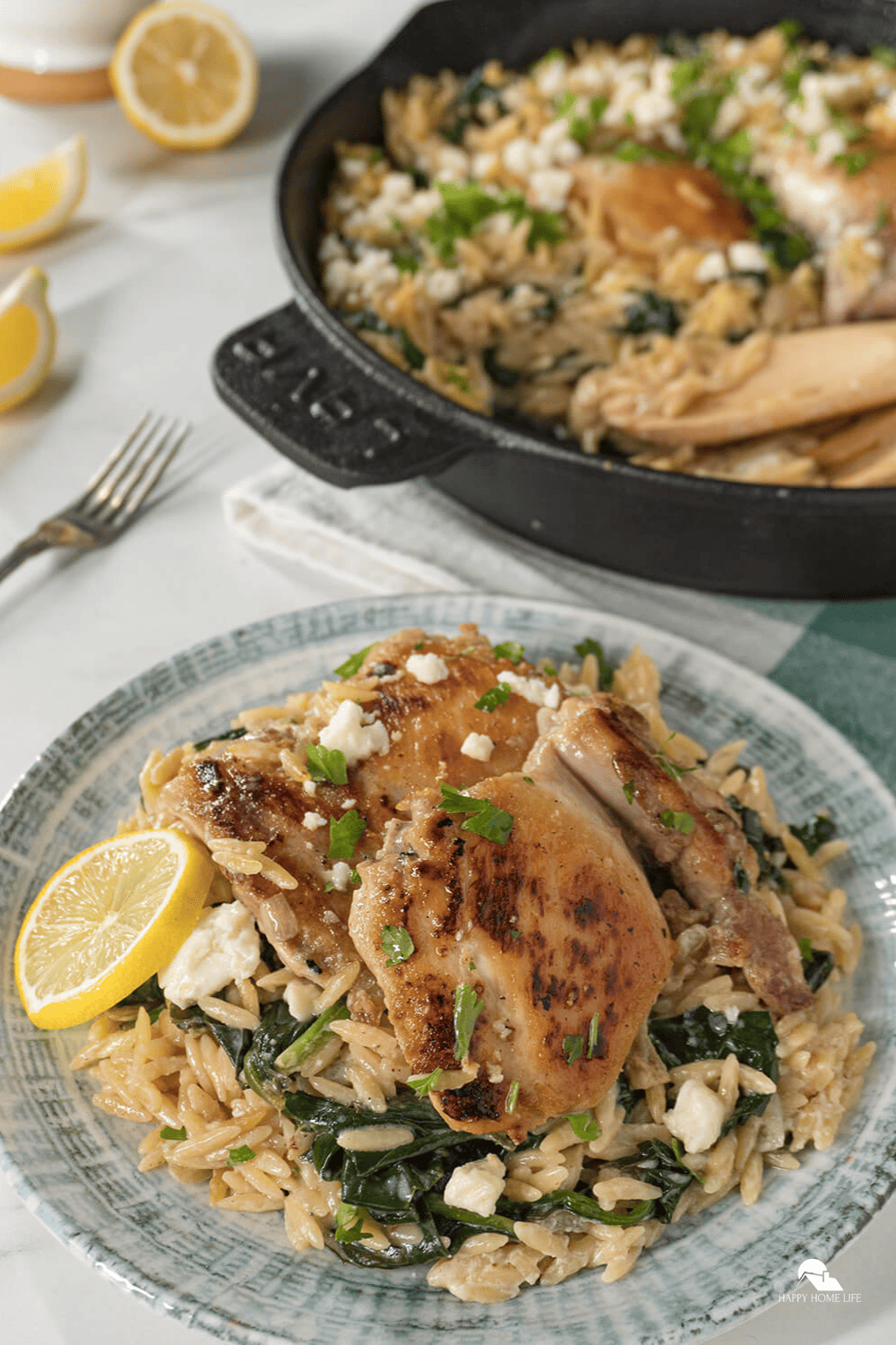 Lemony Spinach Orzo with Feta Topped Chicken The Happy Home Life