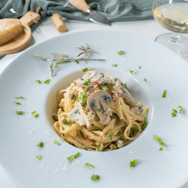 One Pot Turkey Tetrazzini in a white plate