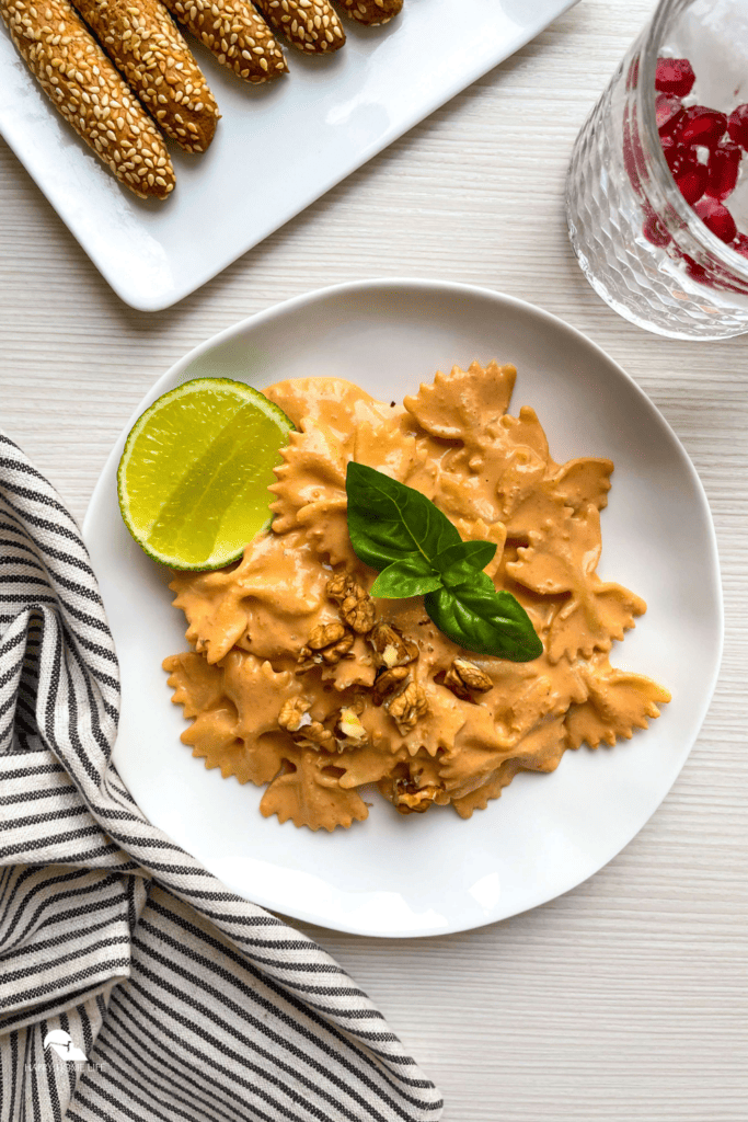 overview shot of Pasta with Roasted Red Pepper Walnut Sauce