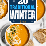 pumpkin soup with text: "20 Traditional Winter Foods"