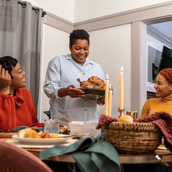 Group of friends join together for a Friendsgiving dinner