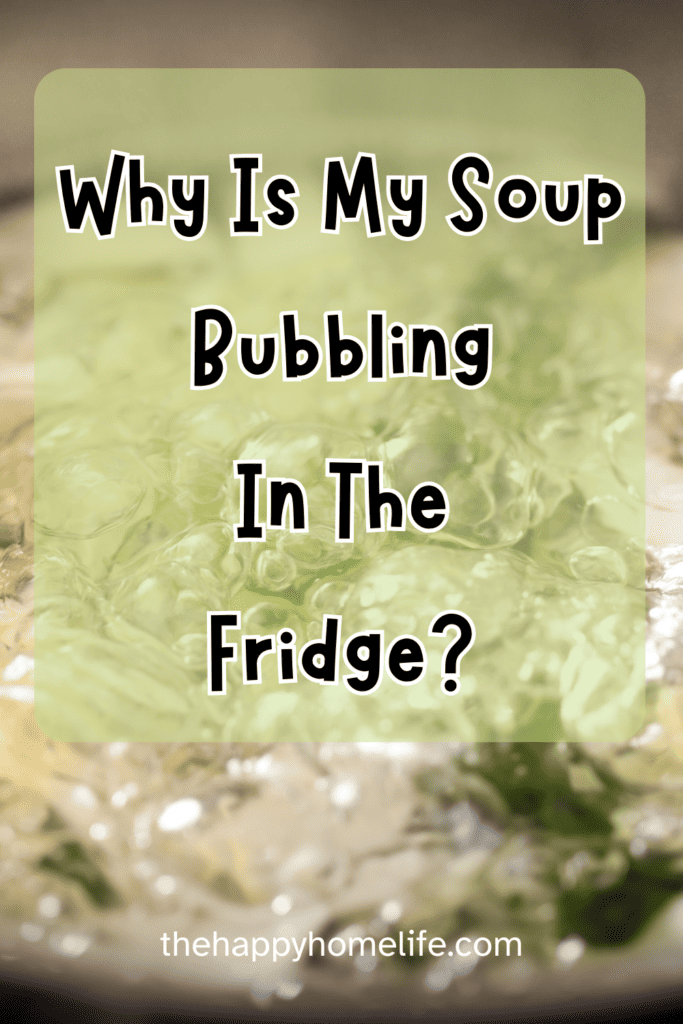A pinterest image of bubbling soup, with the text - Why is my soup bubbling in the fridge? the site's link is also included in the image.