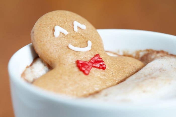 christmas coffee recipes - a cup of cappuccino with a gingerbread cookie garnish