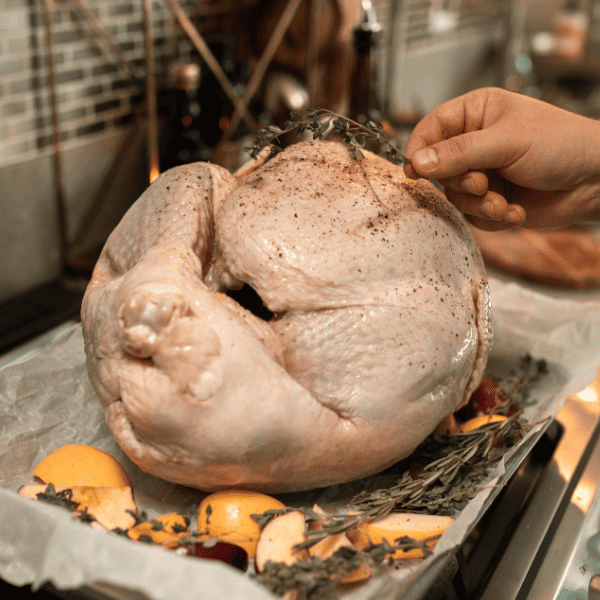 Person placing herbs on turkey.