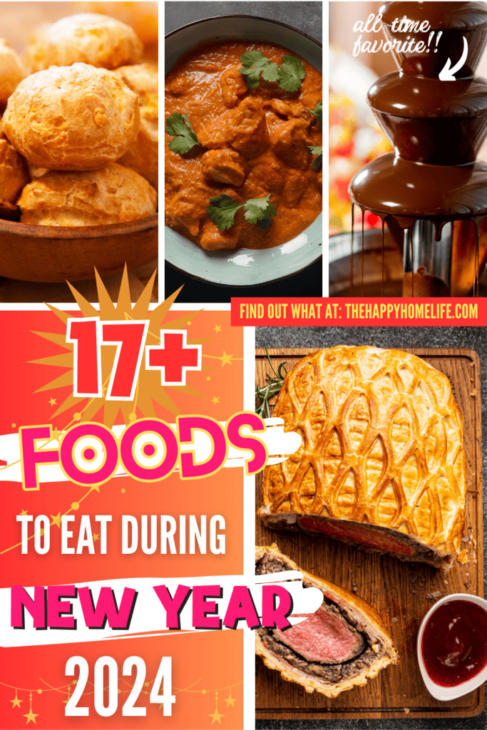 A pinterest image of different foods in the background, with the text - 17+ Foods to Eat During New Year 2024. The site's link is also included in the image.