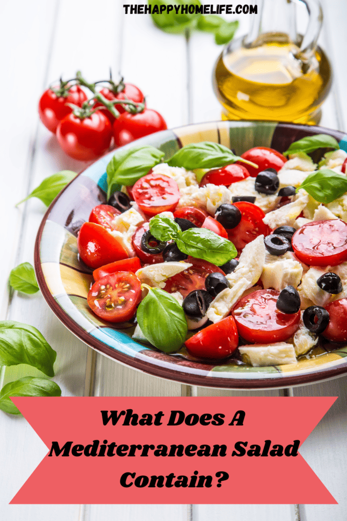 A pin image of Mediterranean salad with the title "What Does A Mediterranean Salad Contain?" on the bottom. The site link is also written at the top most part of the image.