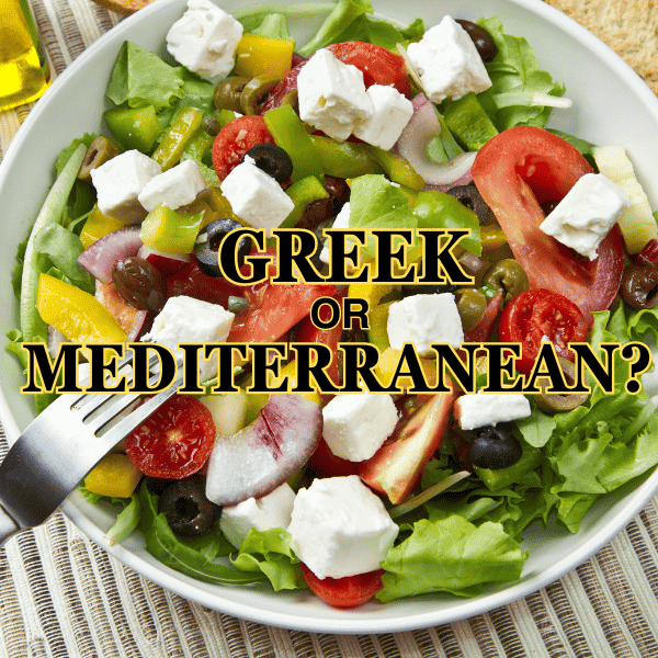 A photo of a salad with fork with the words "Greek or Mediterranean?" in the middle.