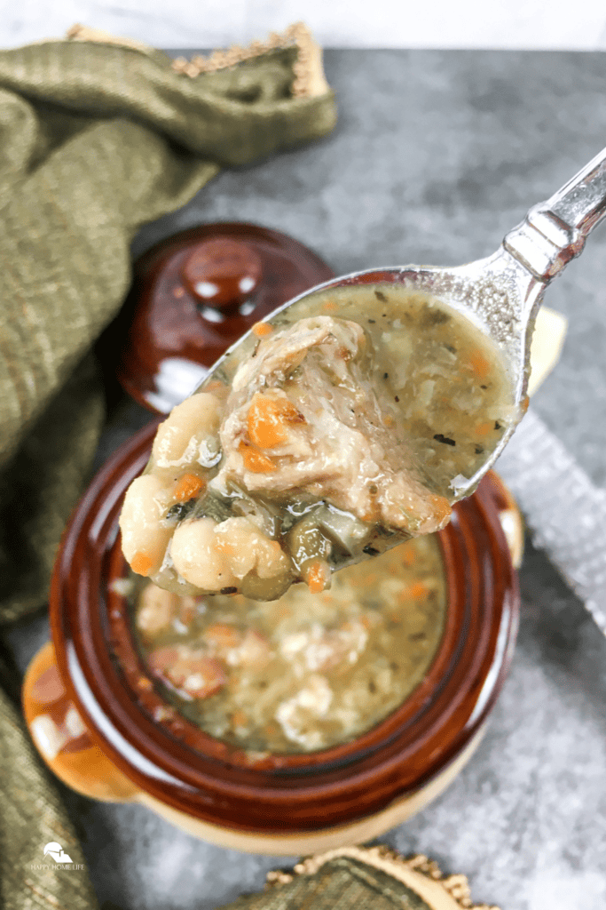 15 Bean Soup being scooped from a bowl