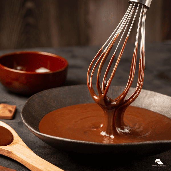 An image of chocolate ganache in a bowl, with a metal whisk on top of it.