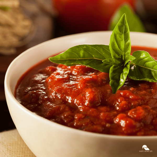 A close-up image of spaghetti sauce in a white bowl.