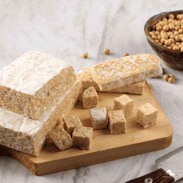 An image of tempeh bars and cubes and a bowl of soybeans on the side.