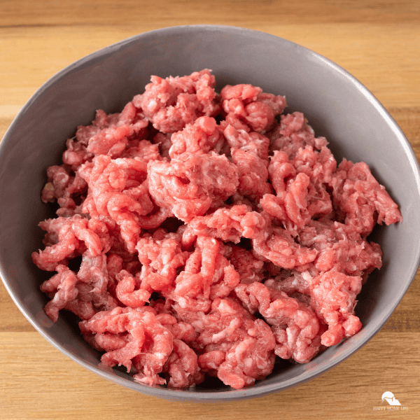 A close-up image of ground turkey in a gray bowl.