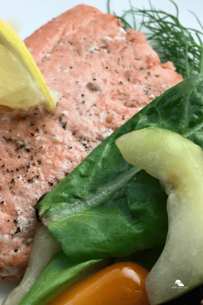 close up image of Lemon and Dill Salmon with Herb Salad