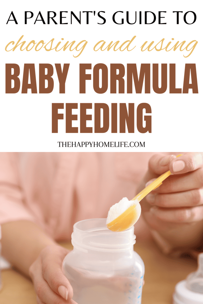 an image of mother putting some baby formula to a bottle with text: "A Parent's Guide Choosing and Using Baby Formula Feeding"